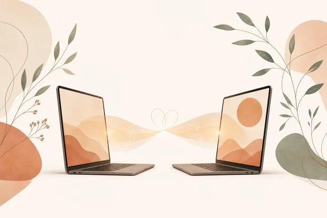 Conexão terapêutica online — dois laptops conectados representando a sessão de terapia à distância